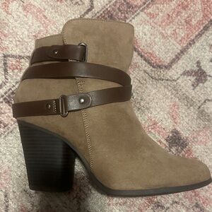 Torrid Chunky Tan and Brown Suede Ankle Boots with Straps